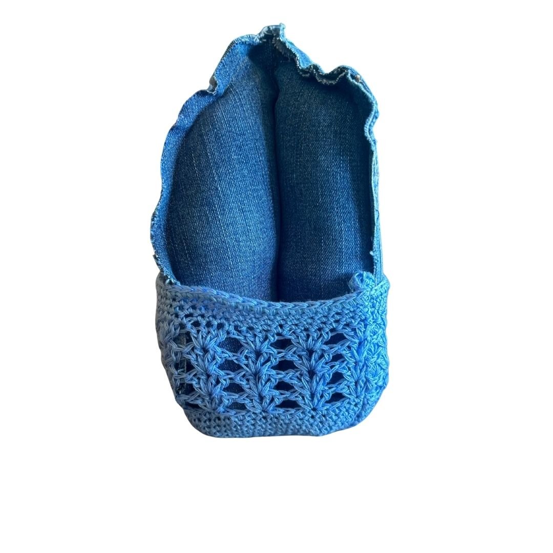 Handmade Denim Fabric Cactus with Crochet Pot | Upcycled Desert Decor | One - of - a - Kind - The Modern Alien