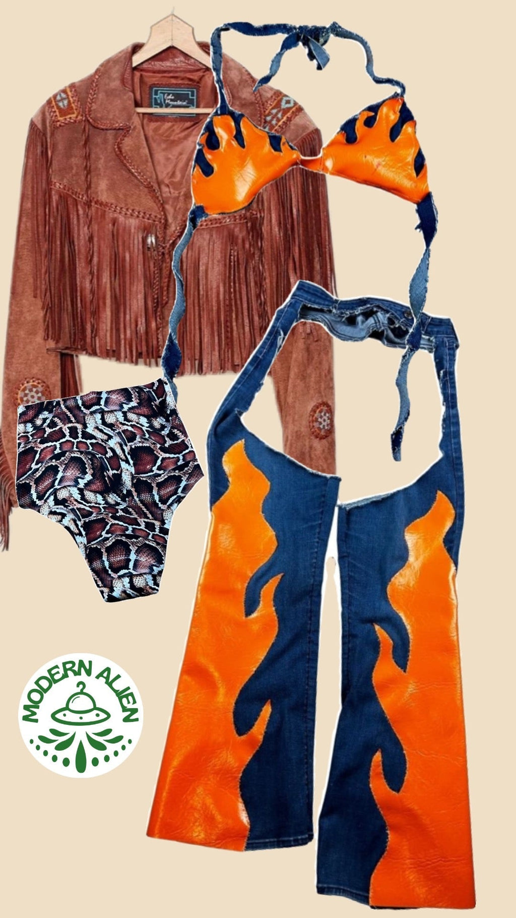 Handmade Upcycled Denim Fire Chaps & Bikini Set – One - of - a - Kind Festival Fit 🔥 - The Modern Alien