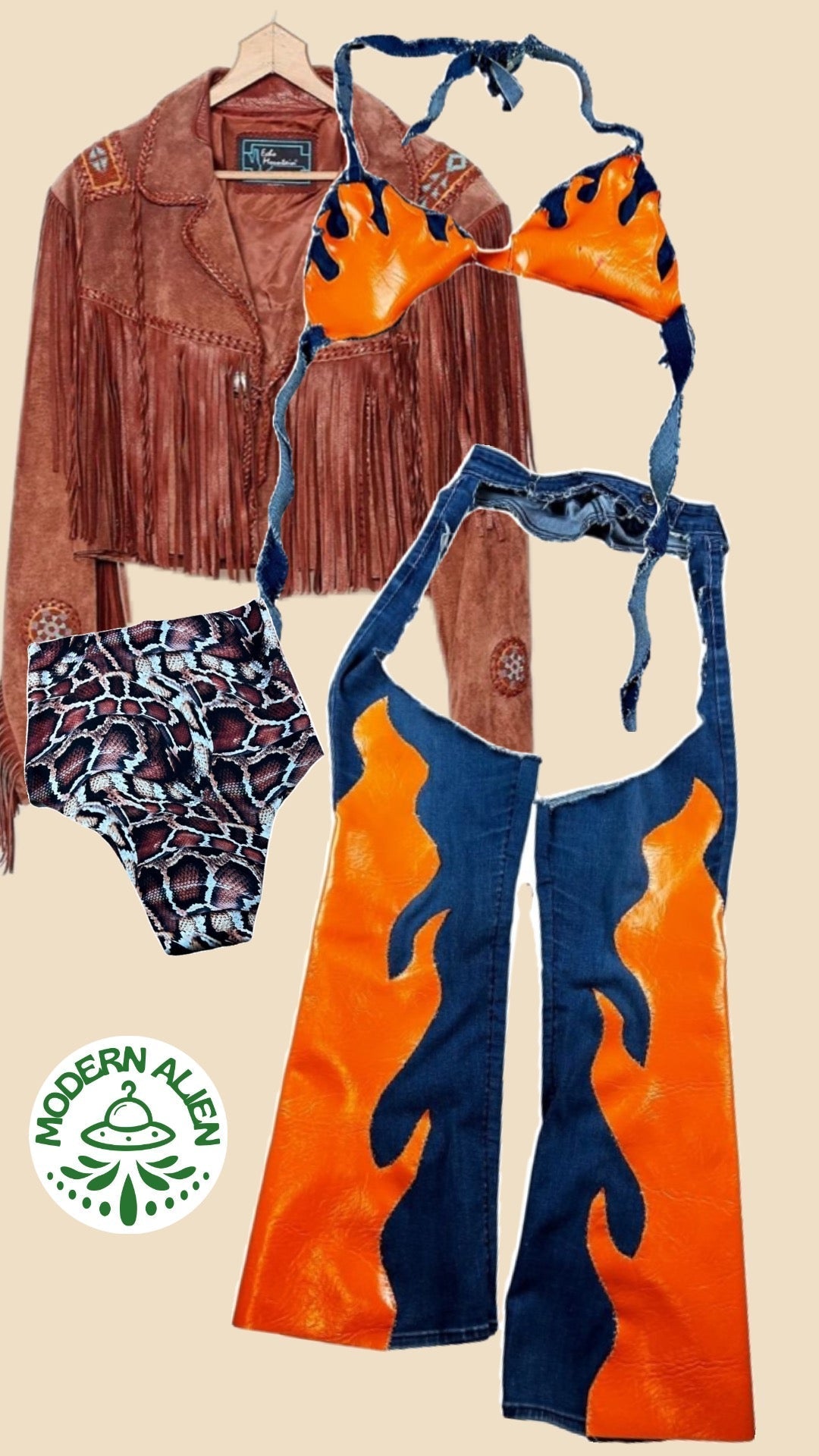 Handmade Upcycled Denim Fire Chaps & Bikini Set – One - of - a - Kind Festival Fit 🔥 - The Modern Alien