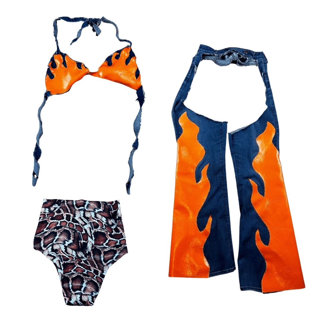 Handmade Upcycled Denim Fire Chaps & Bikini Set – One - of - a - Kind Festival Fit 🔥 - The Modern Alien