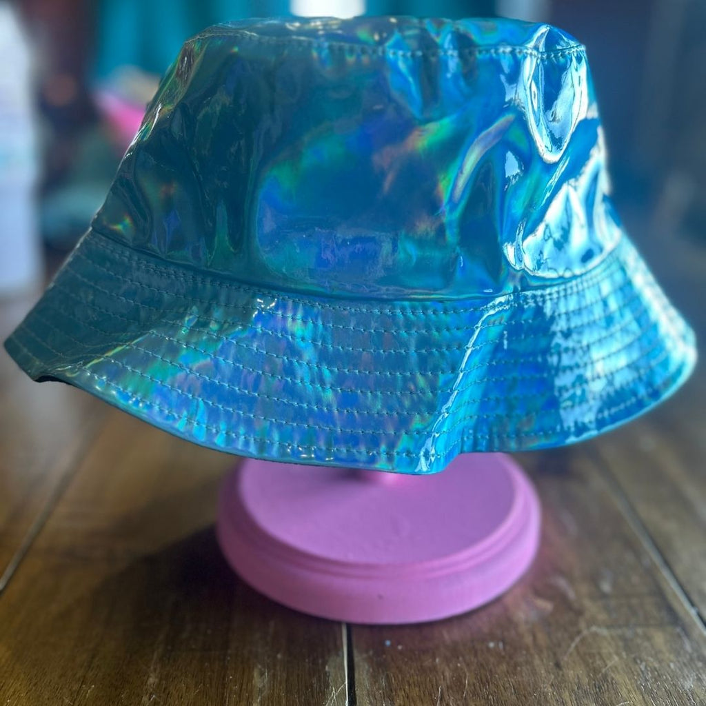 Holographic Blue Bucket Hat | Futuristic Streetwear | Iridescent Shine - The Modern Alien