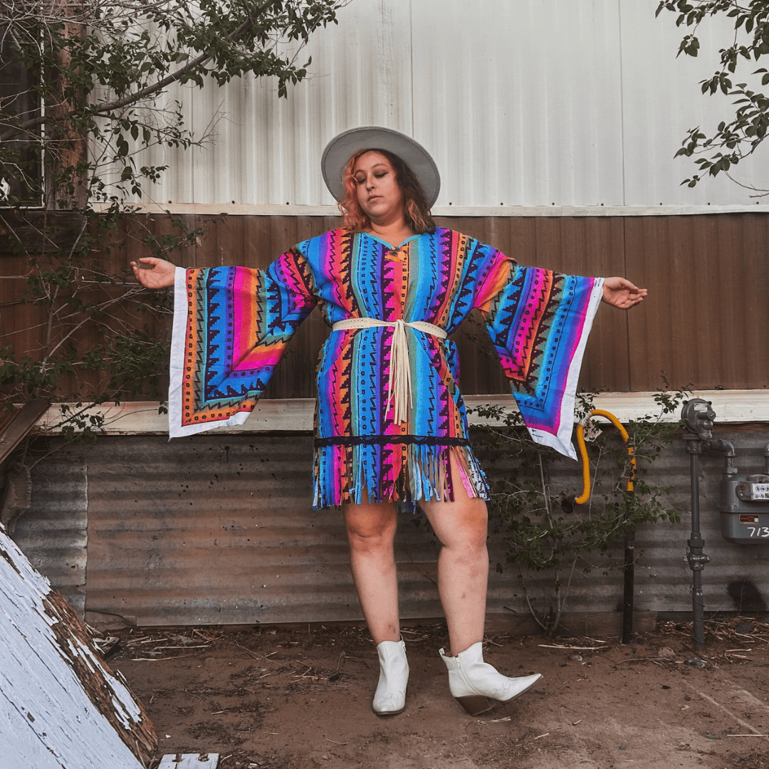 Neon Western Bell Sleeve Mini Dress – Handmade & Upcycled - The Modern Alien