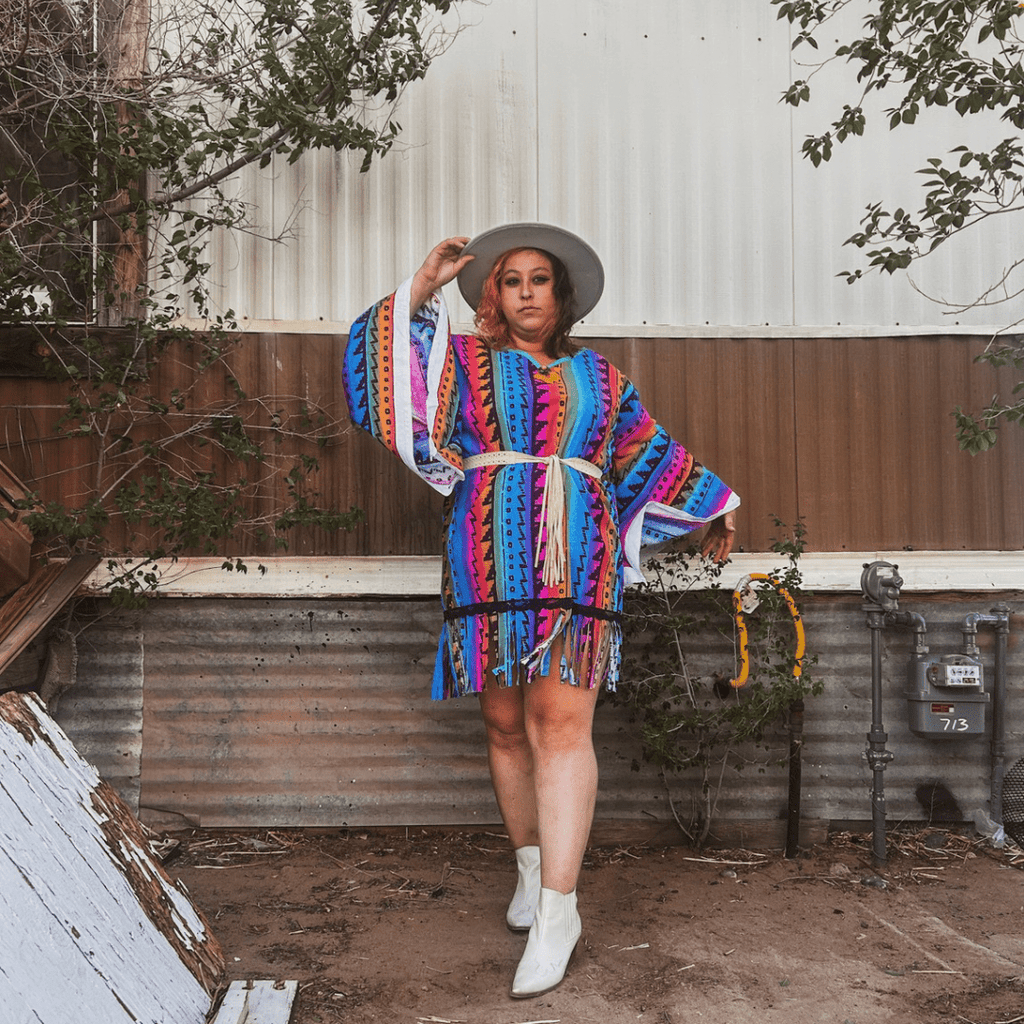 Neon Western Bell Sleeve Mini Dress – Handmade & Upcycled - The Modern Alien