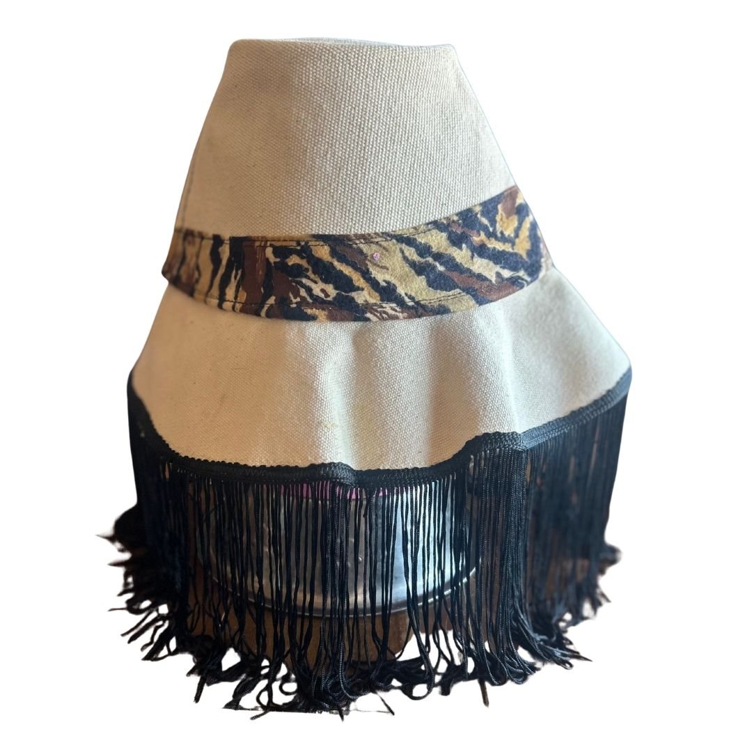 Off-White Cheetah Hat with Black Fringe – Handmade & One-of-a-Kind