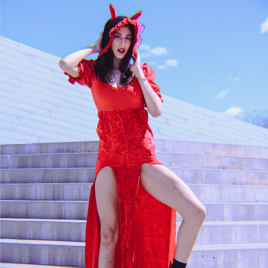 Red Devil Milkmaid Set with Bonnet – Handmade & Upcycled - The Modern Alien