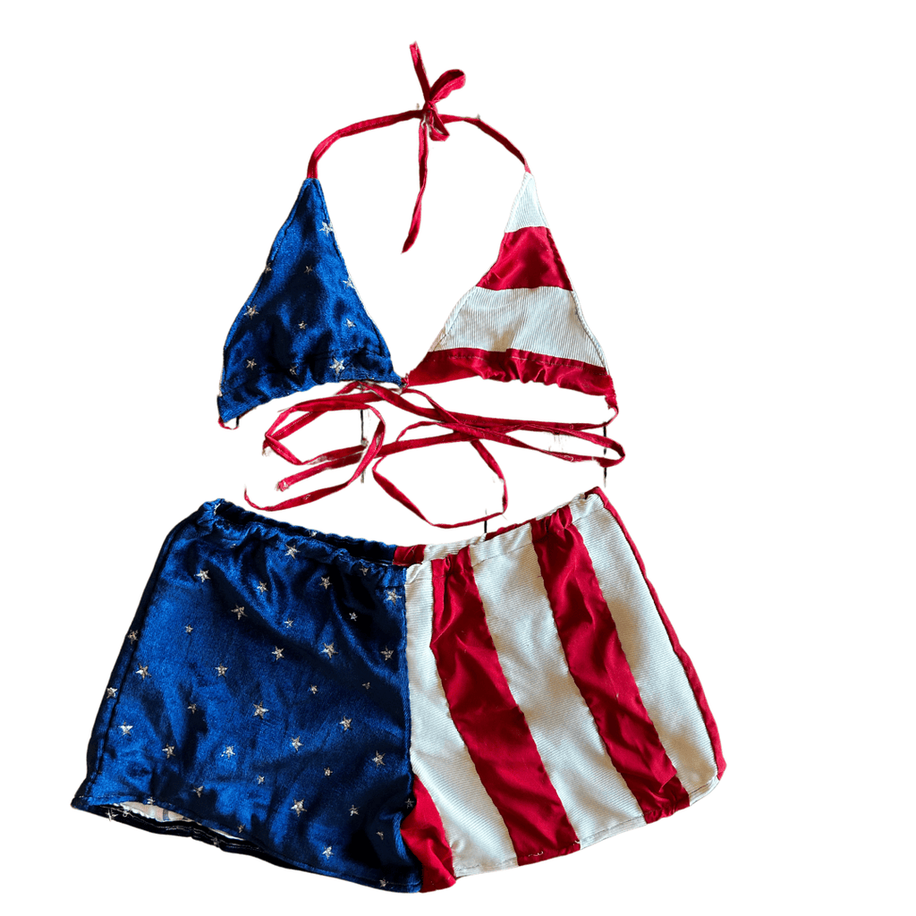 Reworked American Flag Bikini Top + Shorts Set – Upcycled Patriotic Loungewear | One - of - a - Kind | Handmade in Arizona ♻️ Born to Be Bold – Only 1 Available - The Modern Alien