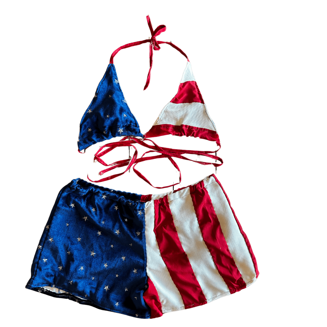 Reworked American Flag Bikini Top + Shorts Set – Upcycled Patriotic Loungewear | One - of - a - Kind | Handmade in Arizona ♻️ Born to Be Bold – Only 1 Available - The Modern Alien