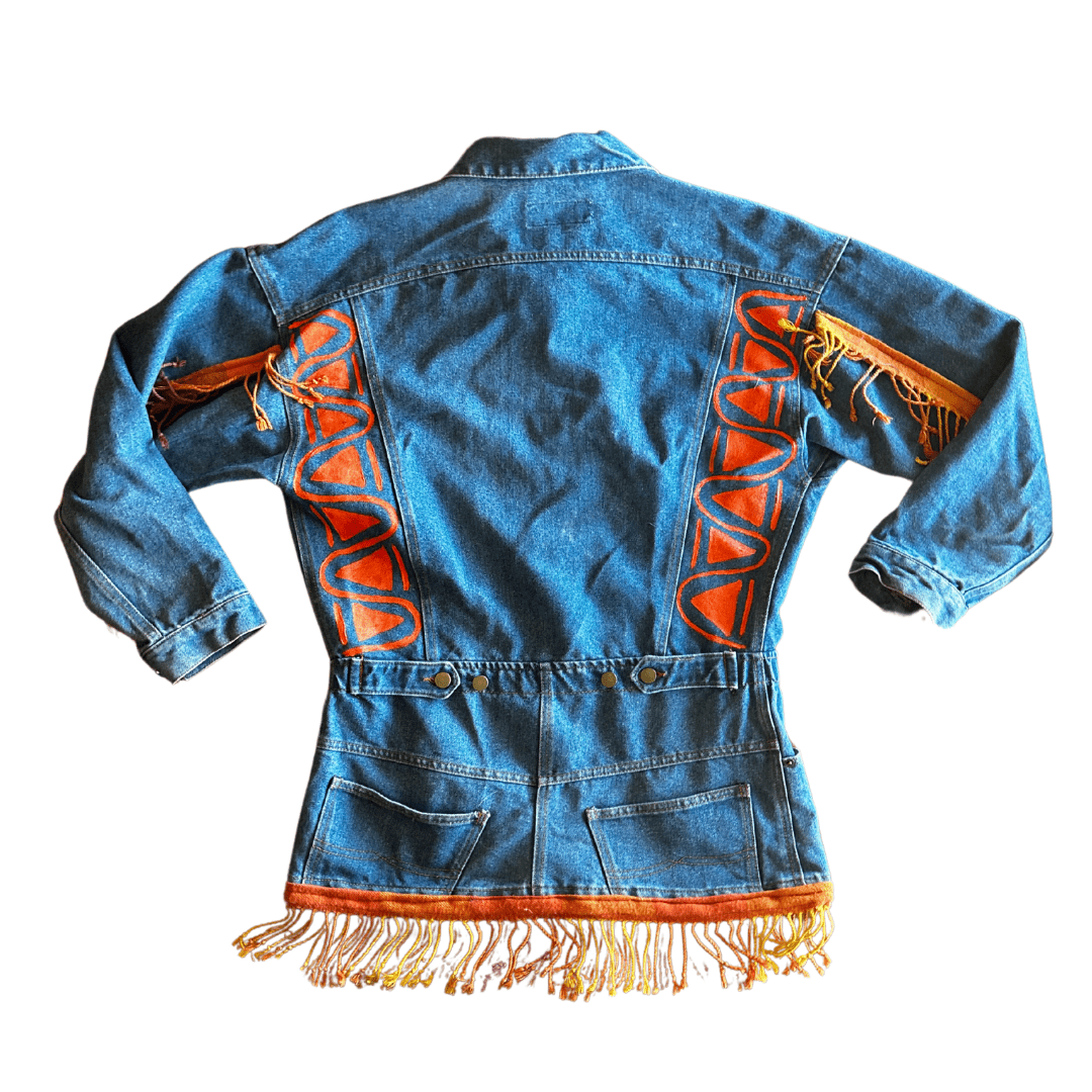 💫 Reworked Denim Fringe Jacket – Funky Western Cowgirl | One - of - a - Kind | Handmade in Arizona ♻️ Sustainably Reworked – Only One Available - The Modern Alien