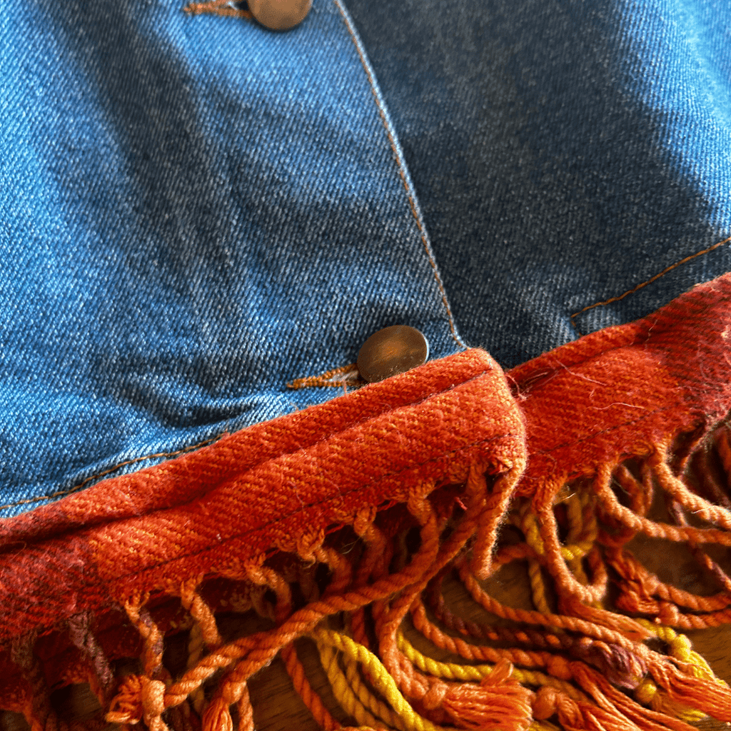 💫 Reworked Denim Fringe Jacket – Funky Western Cowgirl | One - of - a - Kind | Handmade in Arizona ♻️ Sustainably Reworked – Only One Available - The Modern Alien