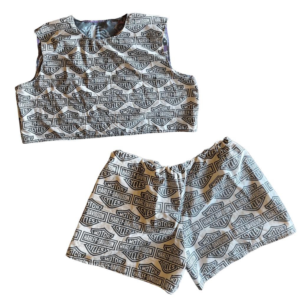 Reworked Harley - Davidson Lounge Set – Upcycled Bed Sheet to Crop Top + Shorts | One - of - a - Kind | Handmade in Arizona ♻️ Motorcycle Babe Energy – Only 1 Available - The Modern Alien