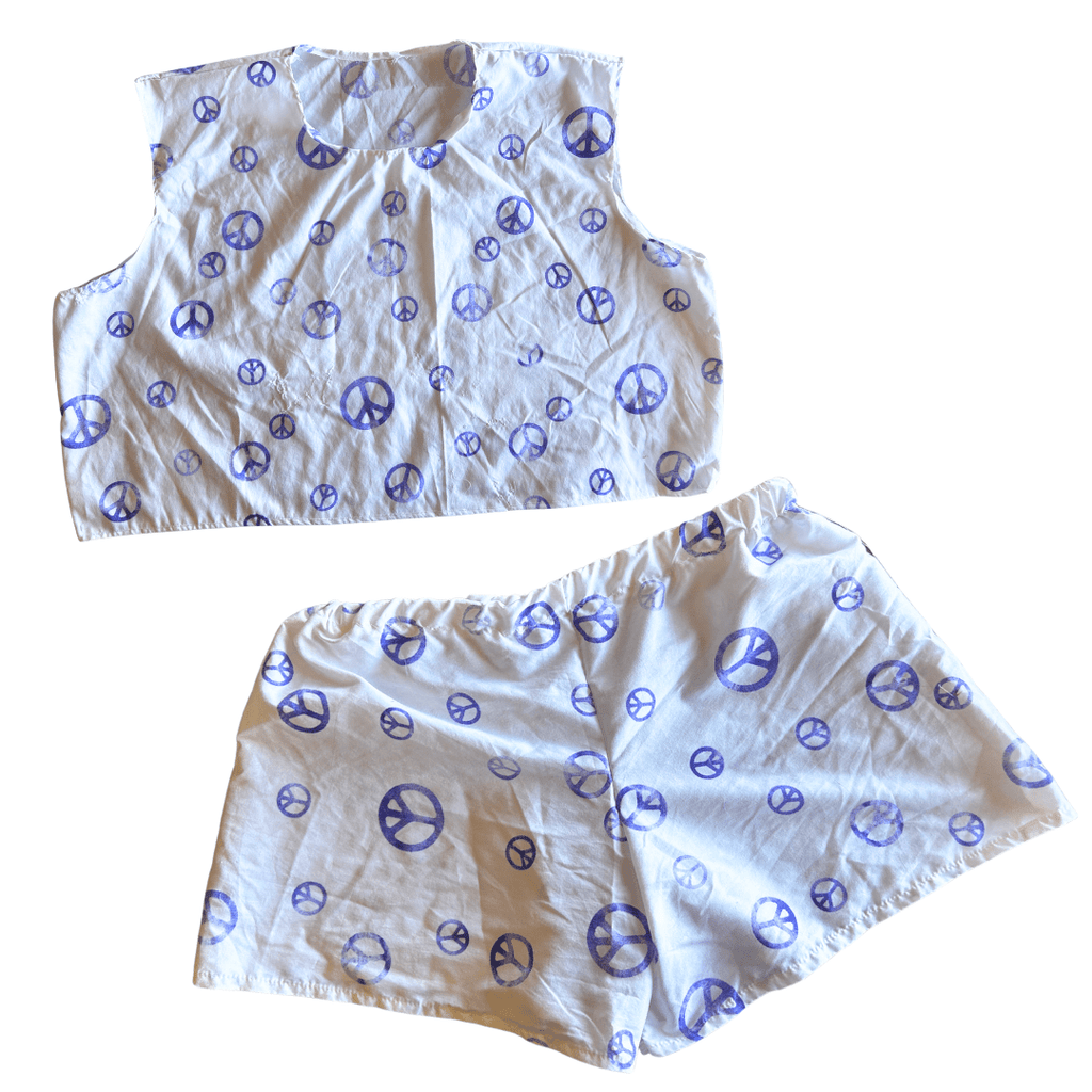 Reworked Peace Sign Lounge Set – Upcycled Bedsheet Crop Top + Shorts | One - of - a - Kind | Handmade in Arizona ☮️ Lazy Day Vibes, Earth - Loving Style – Only 1 Available - The Modern Alien