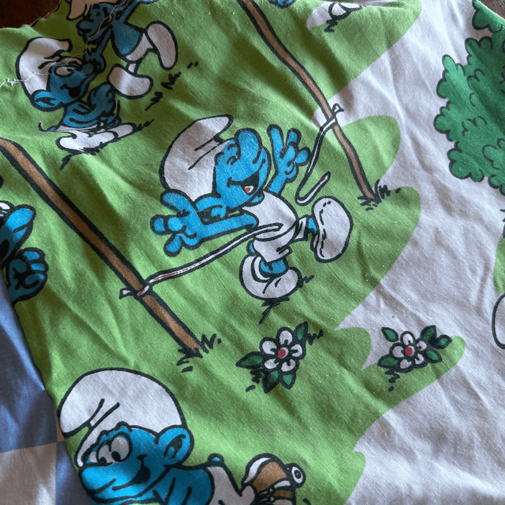Reworked Smurfs + Picnic Plaid Set – Upcycled Bedsheet + Pillowcase | One - of - a - Kind | Handmade in Arizona ♻️ Nostalgia Meets Cottagecore – Only 1 Available - The Modern Alien