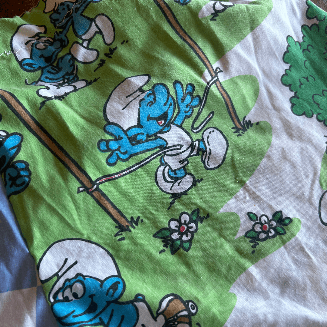 Reworked Smurfs + Picnic Plaid Set – Upcycled Bedsheet + Pillowcase | One - of - a - Kind | Handmade in Arizona ♻️ Nostalgia Meets Cottagecore – Only 1 Available - The Modern Alien