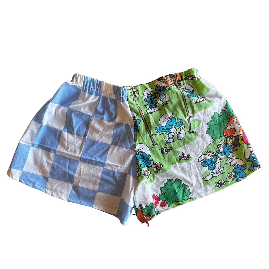 Reworked Smurfs + Picnic Plaid Set – Upcycled Bedsheet + Pillowcase | One - of - a - Kind | Handmade in Arizona ♻️ Nostalgia Meets Cottagecore – Only 1 Available - The Modern Alien