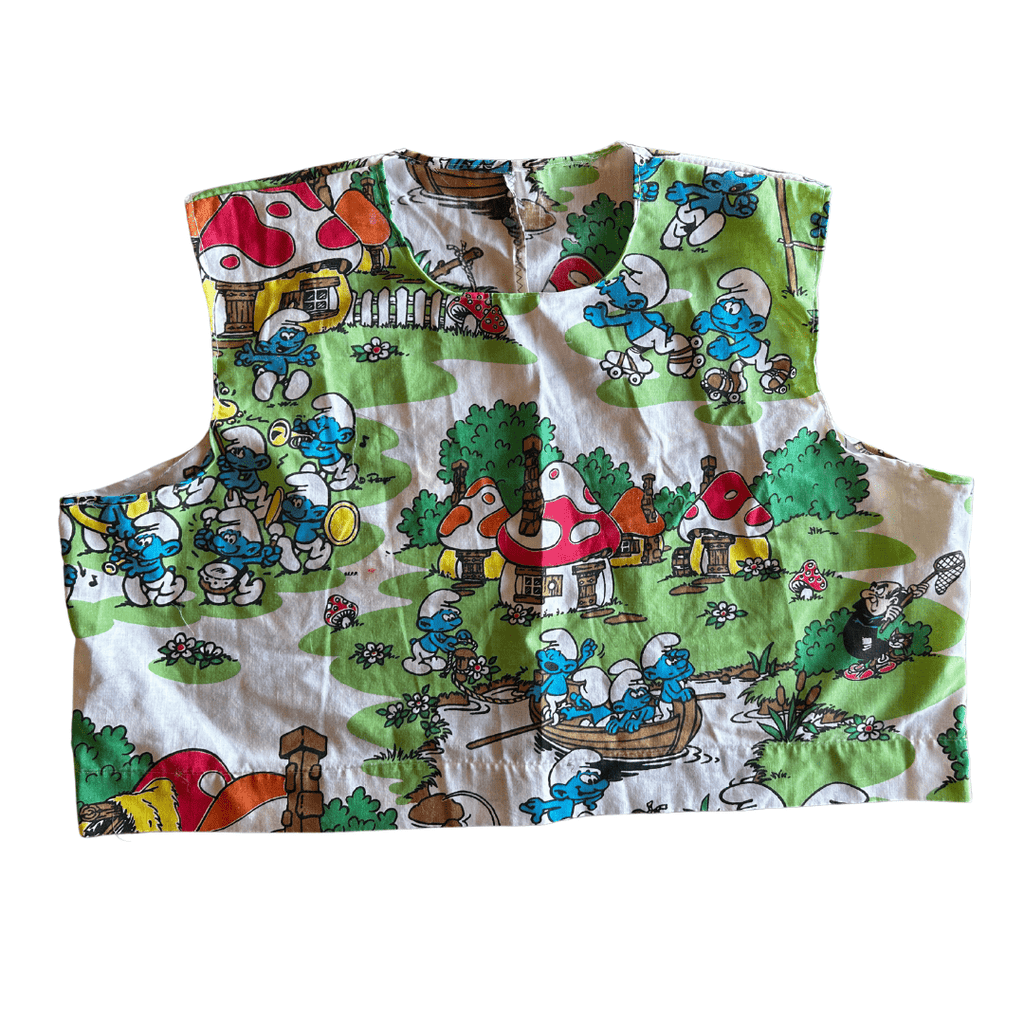 Reworked Smurfs + Picnic Plaid Set – Upcycled Bedsheet + Pillowcase | One - of - a - Kind | Handmade in Arizona ♻️ Nostalgia Meets Cottagecore – Only 1 Available - The Modern Alien