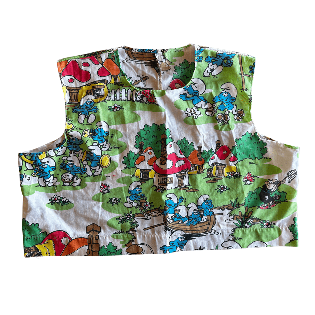 Reworked Smurfs + Picnic Plaid Set – Upcycled Bedsheet + Pillowcase | One - of - a - Kind | Handmade in Arizona ♻️ Nostalgia Meets Cottagecore – Only 1 Available - The Modern Alien