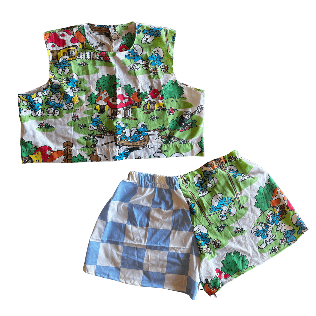 Reworked Smurfs + Picnic Plaid Set – Upcycled Bedsheet + Pillowcase | One - of - a - Kind | Handmade in Arizona ♻️ Nostalgia Meets Cottagecore – Only 1 Available - The Modern Alien