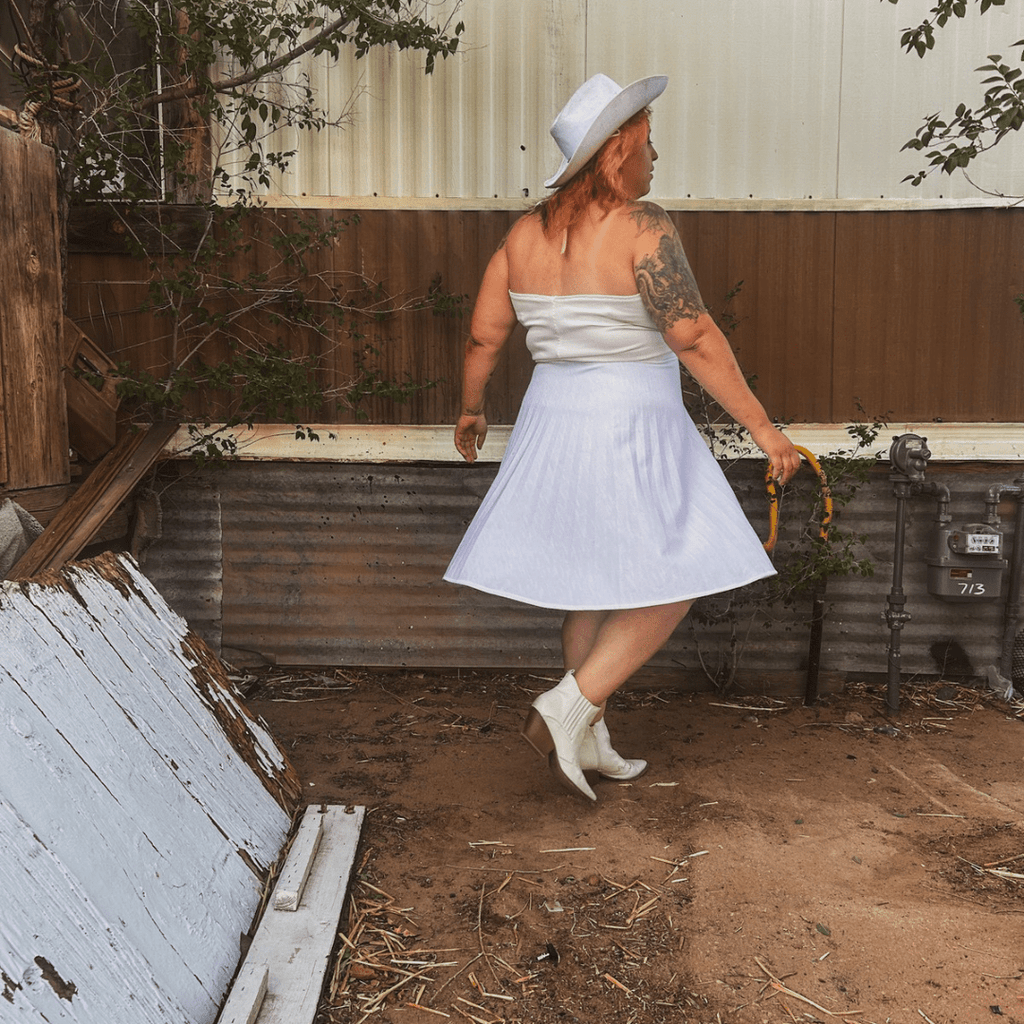 Reworked White Cowgirl Dress – Upcycled Western Tank Top + Skater Skirt | One - of - a - Kind | Handmade in Arizona 🤠 Howdy Meets Hot Girl – Only 1 Available - The Modern Alien