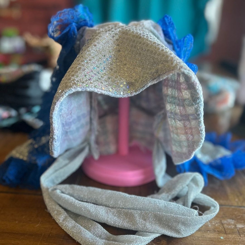 Silver Sequin & Blue Lace Bunny Bonnet – Handmade & Upcycled - The Modern Alien