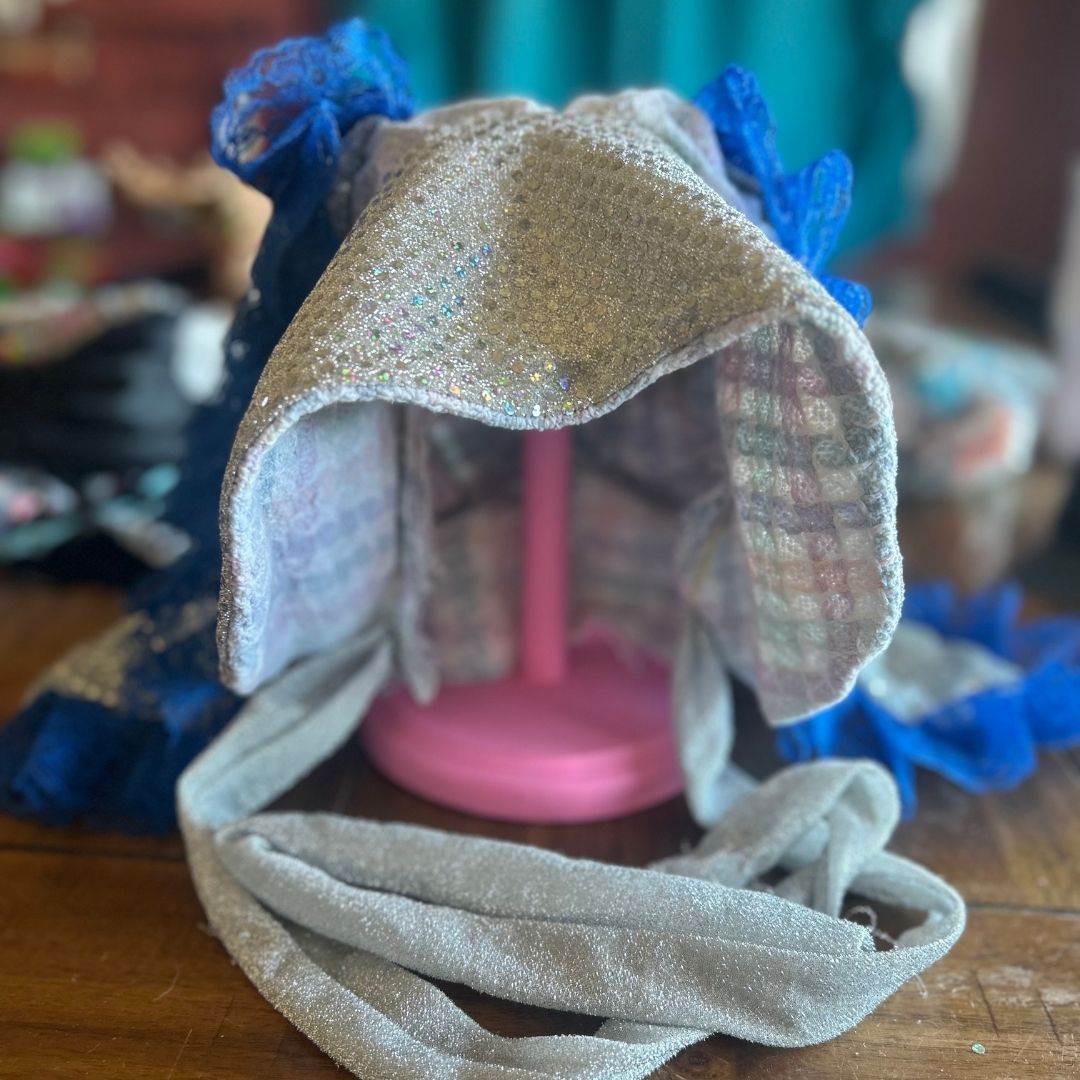 Silver Sequin & Blue Lace Bunny Bonnet – Handmade & Upcycled - The Modern Alien