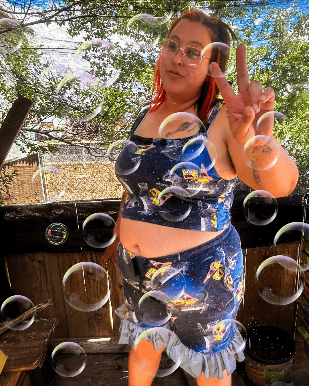 Space Sponge Crop Top & Ruffle Shorts Set – Handmade from Upcycled Pajamas - The Modern Alien