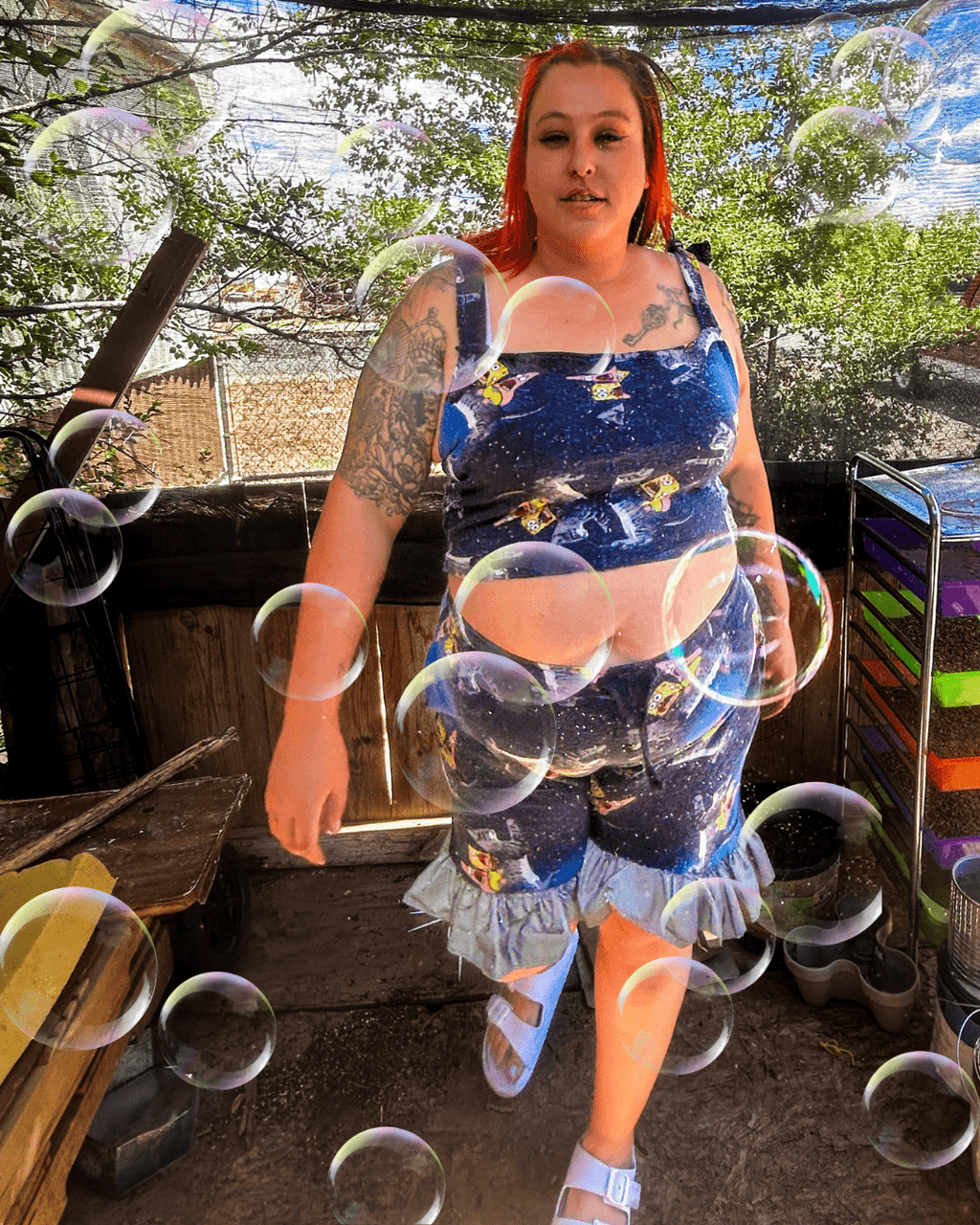 Space Sponge Crop Top & Ruffle Shorts Set – Handmade from Upcycled Pajamas - The Modern Alien