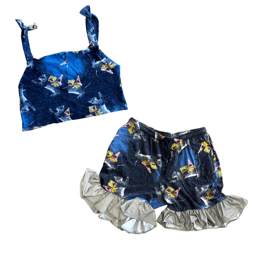 Space Sponge Crop Top & Ruffle Shorts Set – Handmade from Upcycled Pajamas - The Modern Alien