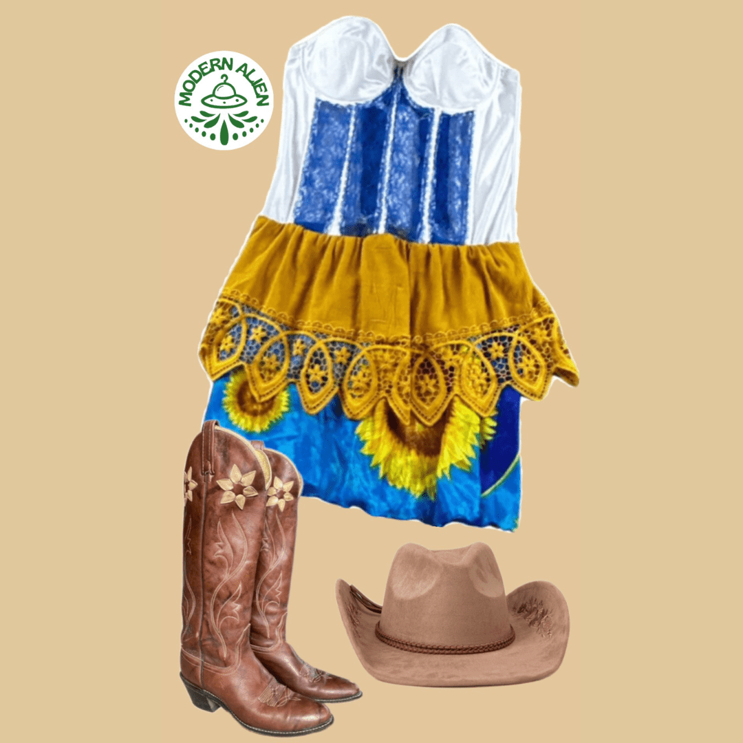 Sunflower Corset Midi Dress – Handmade & Upcycled - The Modern Alien