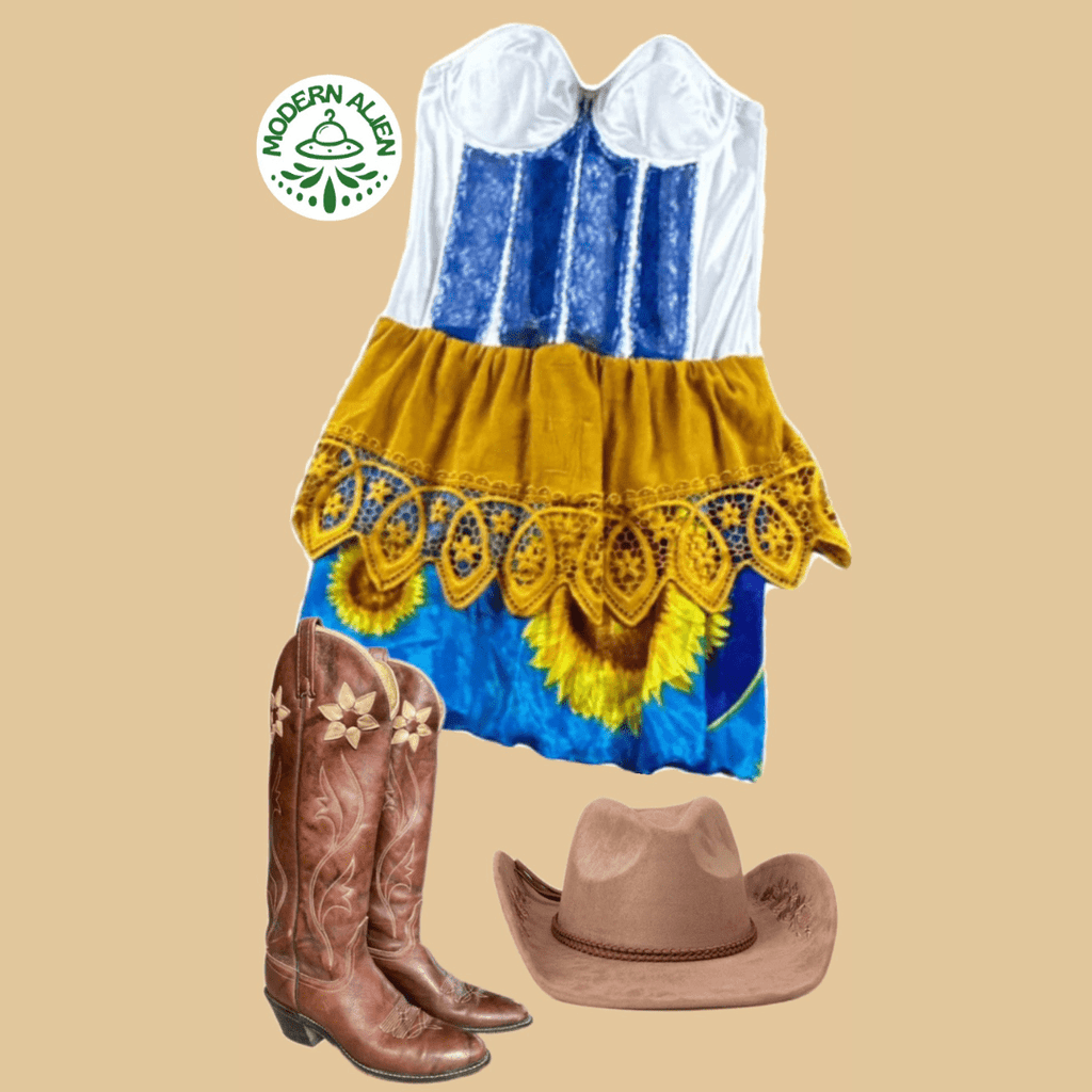 Sunflower Corset Midi Dress – Handmade & Upcycled - The Modern Alien