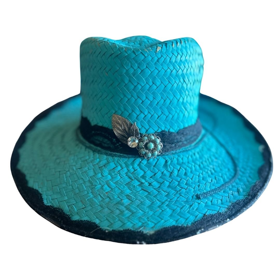 Turquoise Lace-Trimmed Hat – Upcycled with Vintage Embellishments