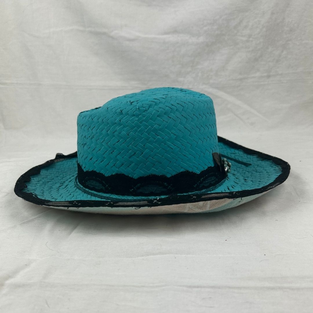 Turquoise Lace - Trimmed Hat – Upcycled with Vintage Embellishments - The Modern Alien