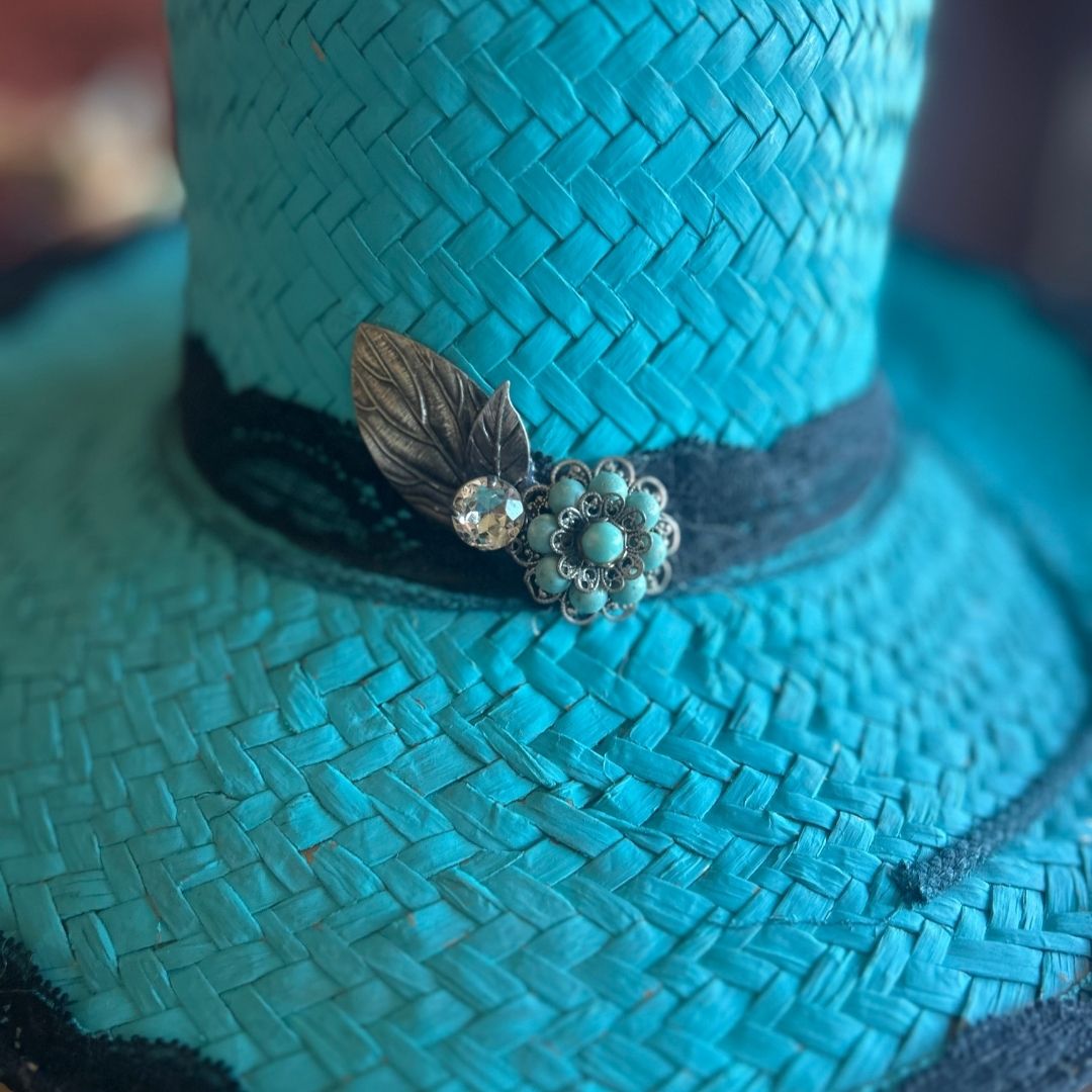 Turquoise Lace - Trimmed Hat – Upcycled with Vintage Embellishments - The Modern Alien