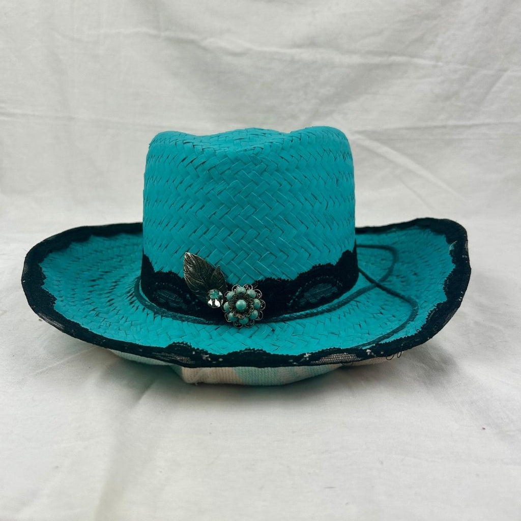 Turquoise Lace - Trimmed Hat – Upcycled with Vintage Embellishments - The Modern Alien