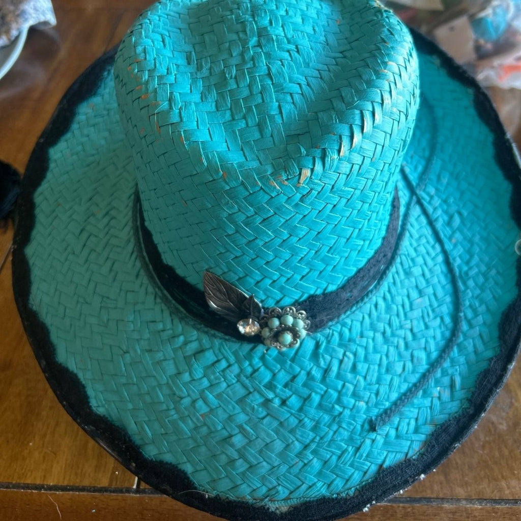 Turquoise Lace - Trimmed Hat – Upcycled with Vintage Embellishments - The Modern Alien