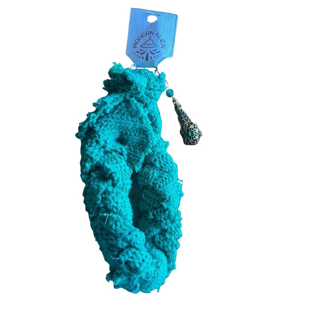 Upcycled Crochet Wristlet | Handmade from Fabric Scraps & Mismatched Earrings | Sustainable Boho Accessory