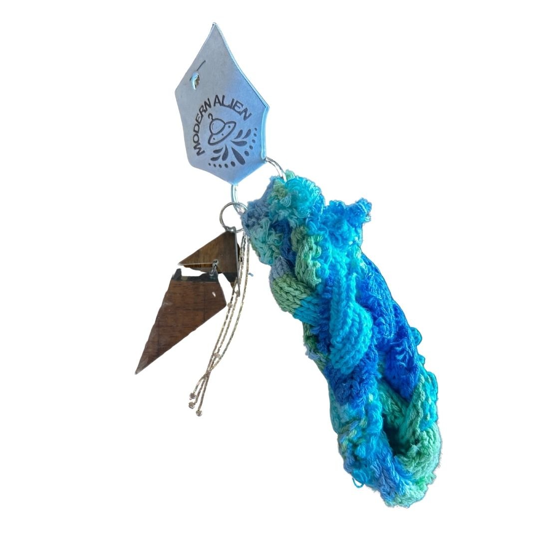 Upcycled Crochet Wristlet | Handmade from Scrap Fabric & Mismatched Earrings | One - of - a - Kind Sustainable Accessory - The Modern Alien