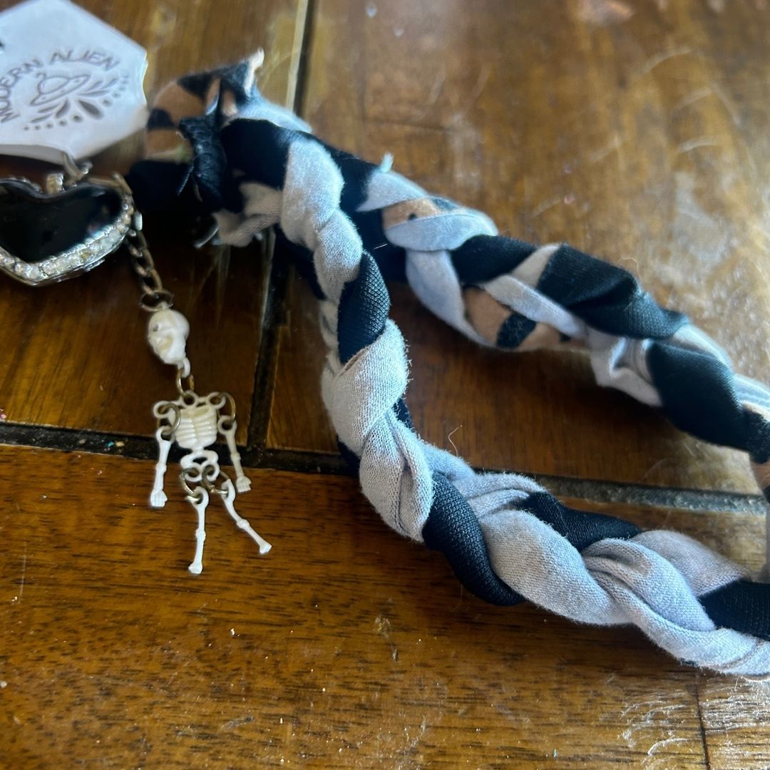 Upcycled Denim Wristlet | Handmade from Scrap Fabrics & Mismatched Earrings | One - of - a - Kind - The Modern Alien