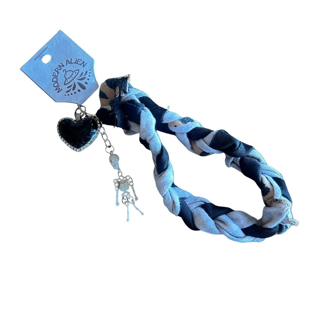 Upcycled Denim Wristlet | Handmade from Scrap Fabrics & Mismatched Earrings | One - of - a - Kind - The Modern Alien