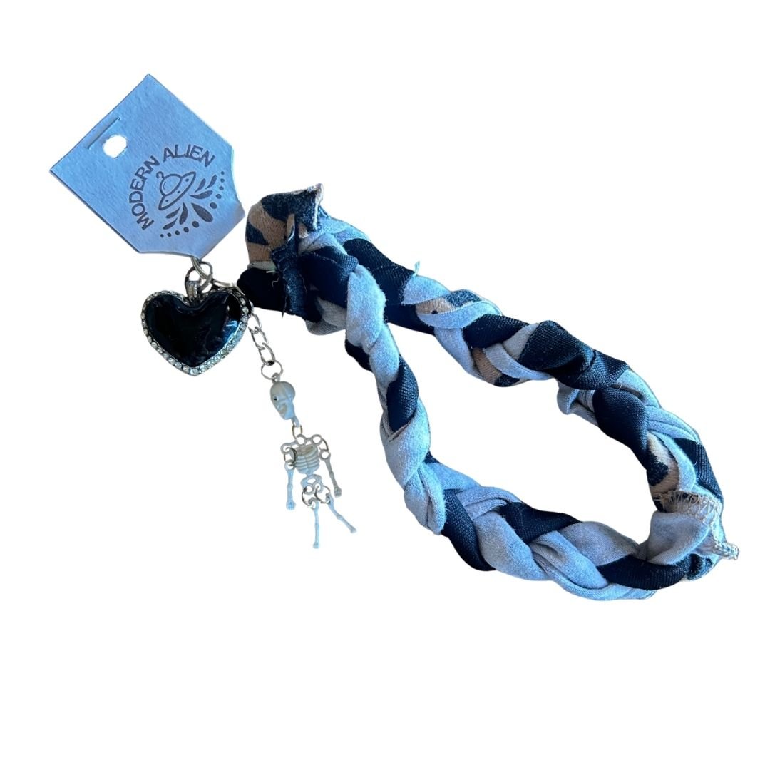 Upcycled Denim Wristlet | Handmade from Scrap Fabrics & Mismatched Earrings | One - of - a - Kind - The Modern Alien