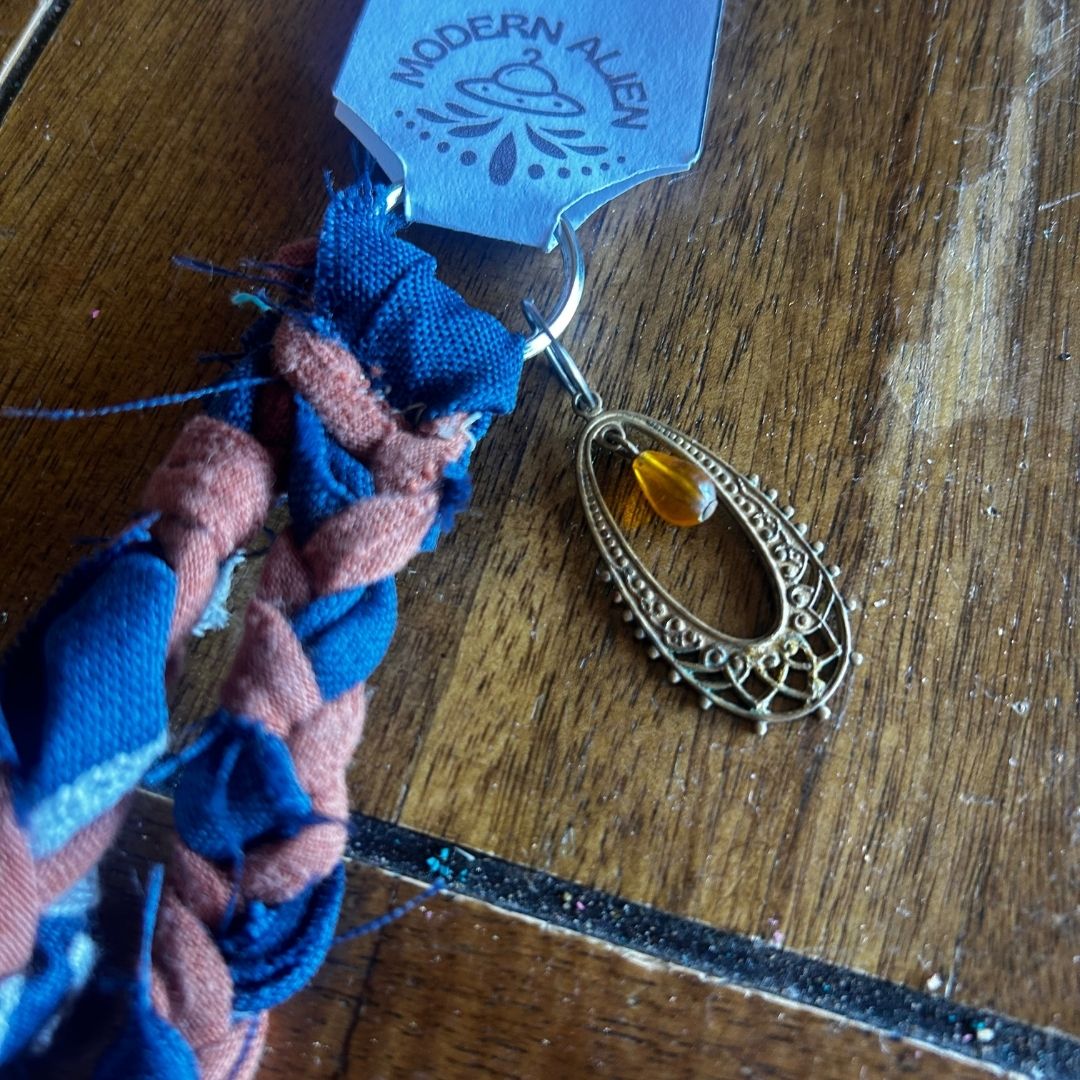 Upcycled Fabric Wristlet | Handmade from Scrap Fabrics & Mismatched Earring | One - of - a - Kind Sustainable Accessory - The Modern Alien