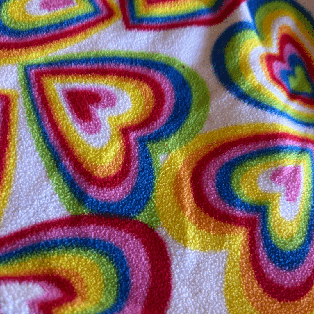 Upcycled Heart Print Bikini + Shorts Set – Made from a Vintage Blanket | One - of - a - Kind | Handmade in Arizona ♻️ Bright, Bold & Cozy - Cute – Only 1 Available - The Modern Alien