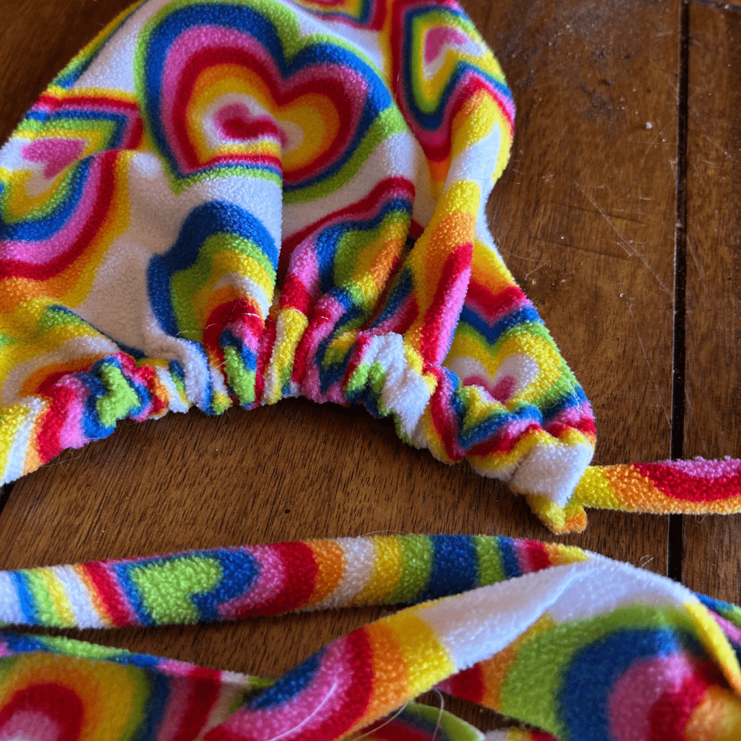 Upcycled Heart Print Bikini + Shorts Set – Made from a Vintage Blanket | One - of - a - Kind | Handmade in Arizona ♻️ Bright, Bold & Cozy - Cute – Only 1 Available - The Modern Alien