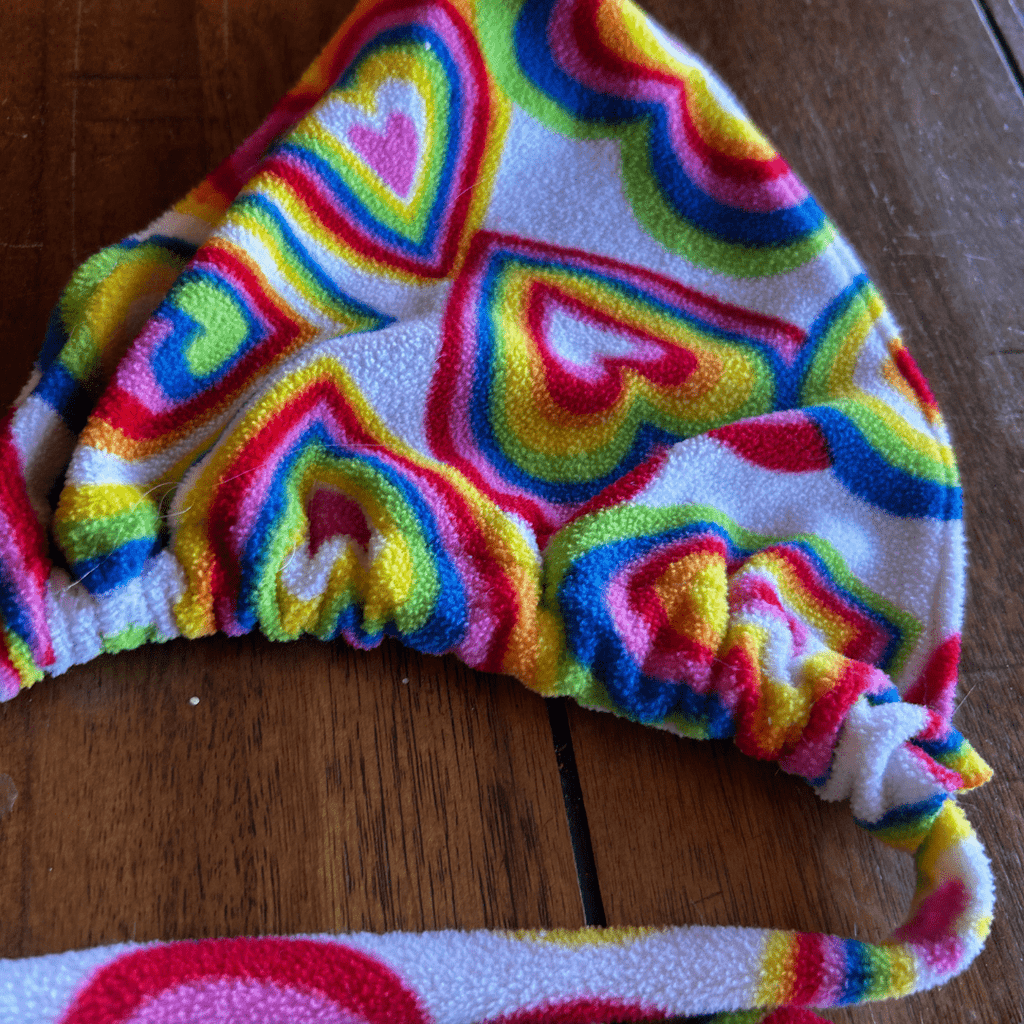 Upcycled Heart Print Bikini + Shorts Set – Made from a Vintage Blanket | One - of - a - Kind | Handmade in Arizona ♻️ Bright, Bold & Cozy - Cute – Only 1 Available - The Modern Alien