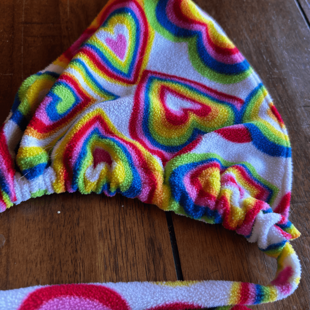 Upcycled Heart Print Bikini + Shorts Set – Made from a Vintage Blanket | One - of - a - Kind | Handmade in Arizona ♻️ Bright, Bold & Cozy - Cute – Only 1 Available - The Modern Alien