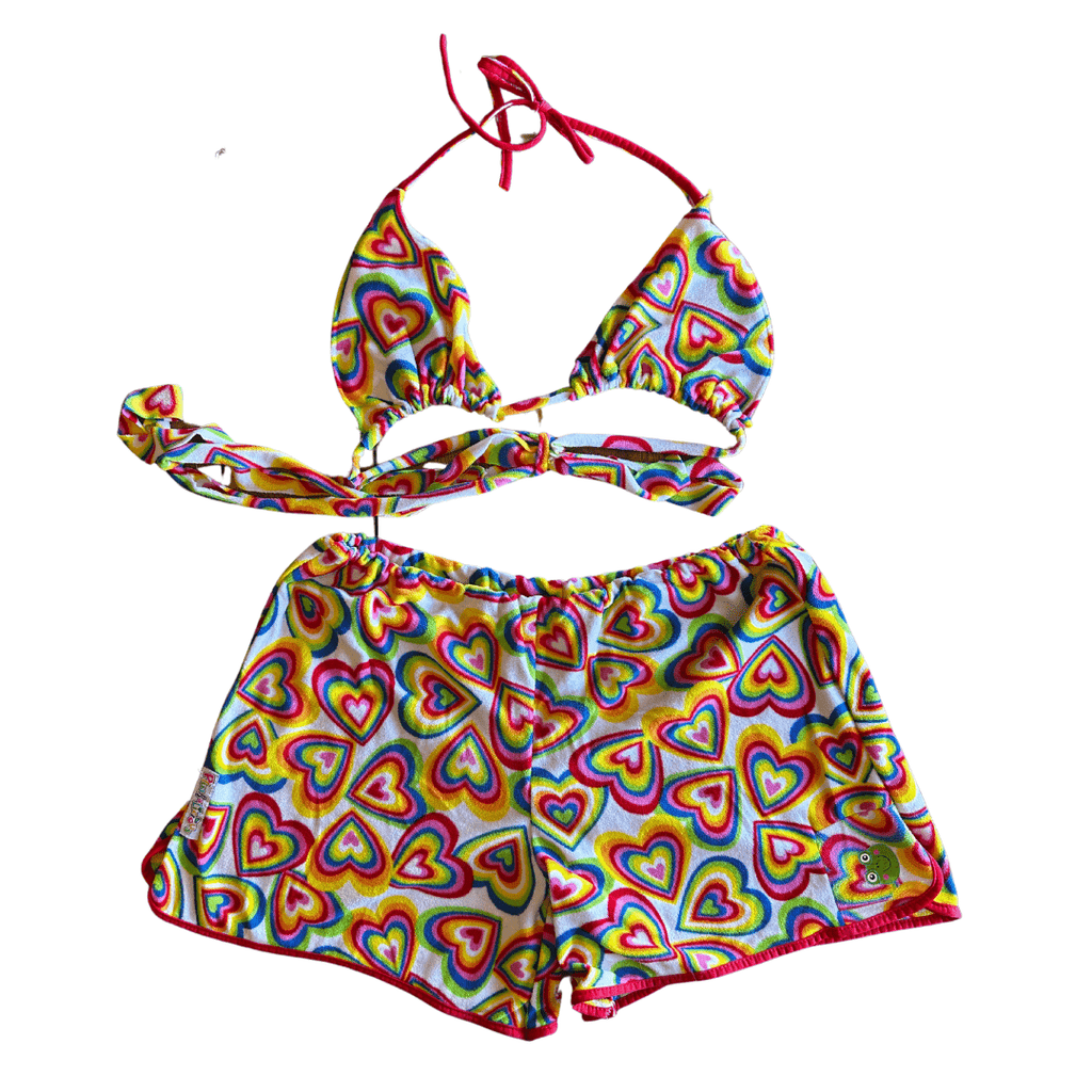 Upcycled Heart Print Bikini + Shorts Set – Made from a Vintage Blanket | One - of - a - Kind | Handmade in Arizona ♻️ Bright, Bold & Cozy - Cute – Only 1 Available - The Modern Alien