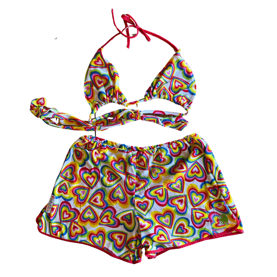 Upcycled Heart Print Bikini + Shorts Set – Made from a Vintage Blanket | One-of-a-Kind | Handmade in Arizona ♻️ Bright, Bold & Cozy-Cute – Only 1 Available