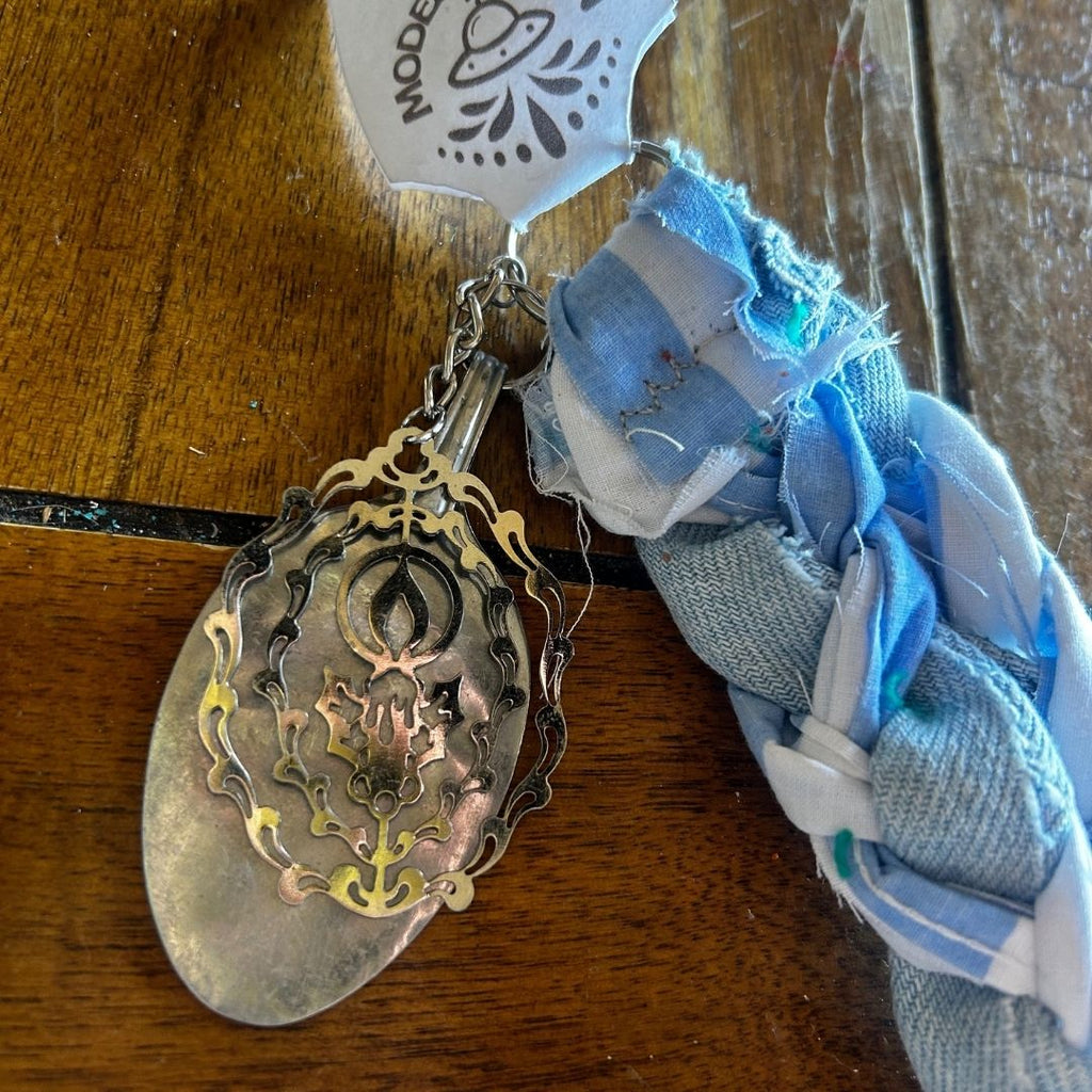 Upcycled Wristlet | Handmade from Scrap Fabric, Mismatched Earring & Repurposed Spoon | One - of - a - Kind Statement Piece - The Modern Alien