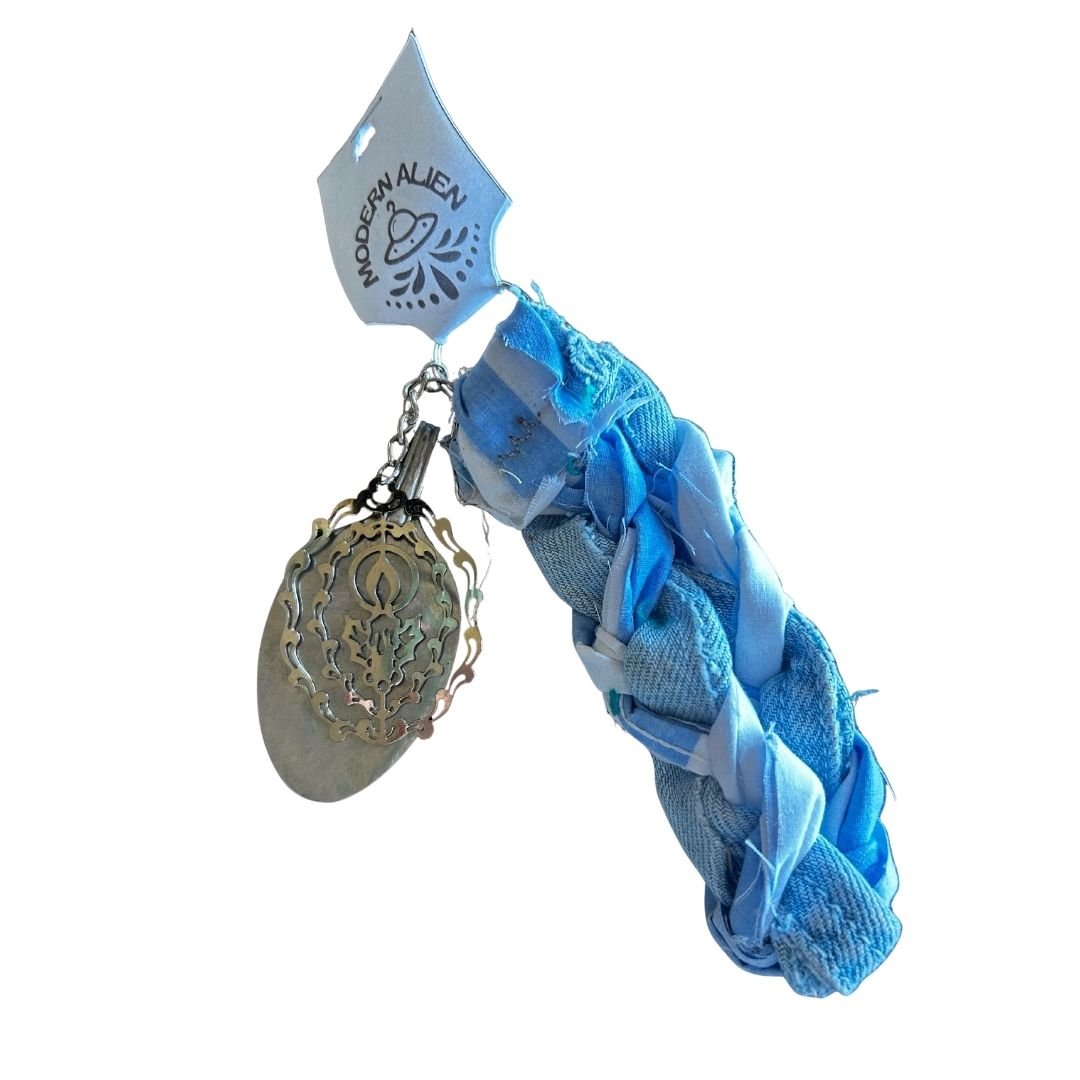 Upcycled Wristlet | Handmade from Scrap Fabric, Mismatched Earring & Repurposed Spoon | One-of-a-Kind Statement Piece