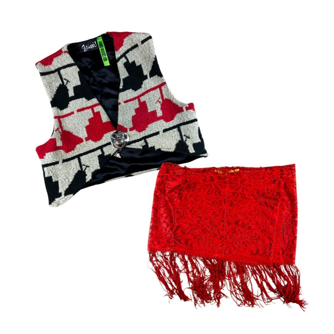 Western Desert Vest Crop Top & Lace Fringe Mini Skirt – Handmade & Upcycled