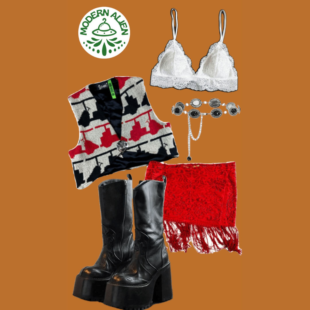 Western Desert Vest Crop Top & Lace Fringe Mini Skirt – Handmade & Upcycled - The Modern Alien